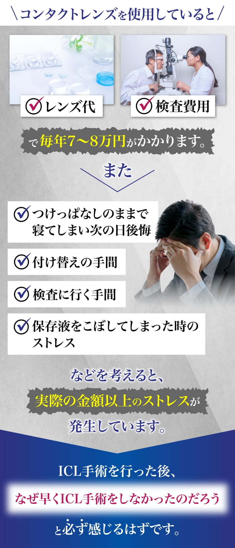 コンタクトレンズを使用しているとレンズ代や検査費用で毎年7~8万円かかります。